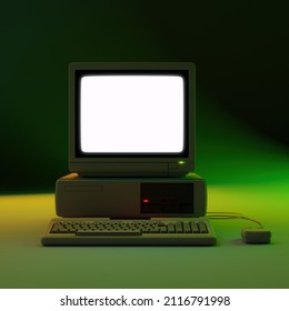 Retro PC Mock-Up With Glowing White Screen In Studio Light. 3D Rendering.