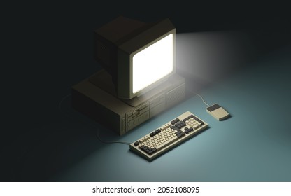 Retro Pc With Monitor Shining In The Dark. Isometric View. 3d Rendering