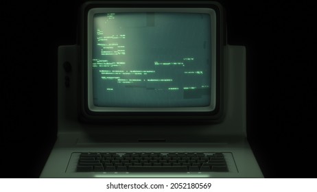 Retro personal computer or PC with source code displayed on monitor. Digital noise, distortions, glitch effects and artifacts. Vintage display or screen. Dark colors. 80s, 90s 3D Render illustration