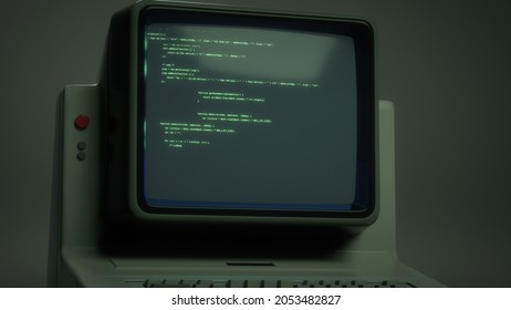 Retro personal computer, PC, source code displayed on monitor. Digital noise, distortions, glitch effects, artifacts. Vintage display, screen. Dark green colors. 80s, 90s style 3D Render illustration
