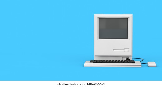 Retro Personal Computer. The System Unit, Monitor, Keyboard and Mouse on a blue background. 3d Rendering