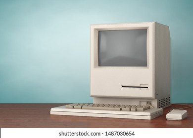 Retro Personal Computer. The System Unit, Monitor, Keyboard and Mouse on a wooden table. 3d Rendering