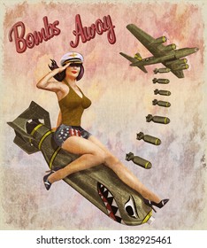 Retro pin-up girl sitting on the bomb.
