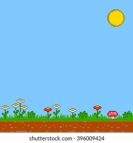 Retro Pixel Background. Sunny Day Background. Game 8 Bit Background. Sun, Flowers And Blue Sky. Retro Games.