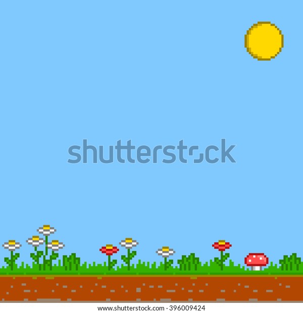 レトロなピクセル背景。日の当たる背景。ゲーム8ビットの背景。太陽と 