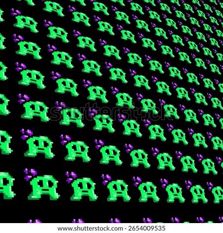 Retro pixel pattern of green and purple space invader aliens on black background. Nostalgic 8-bit video game style. Perfect for vintage arcade-themed designs.