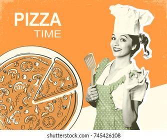 Retro pizza poster with smiling woman chef and pizza on old paper background for text - Powered by Shutterstock