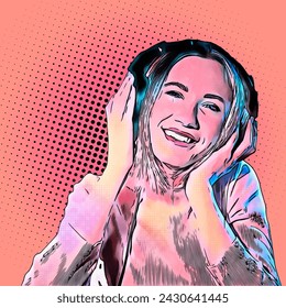 Retro pop art poster, smiling girl with headphones listening to music. Cartoon flat style. In yellow and orange - Powered by Shutterstock