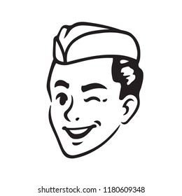 Retro Portrait Of Young Man In Cap Winking. Army Military Guy Or Waiter, Soda Jerk Boy. Vintage Style Illustration.