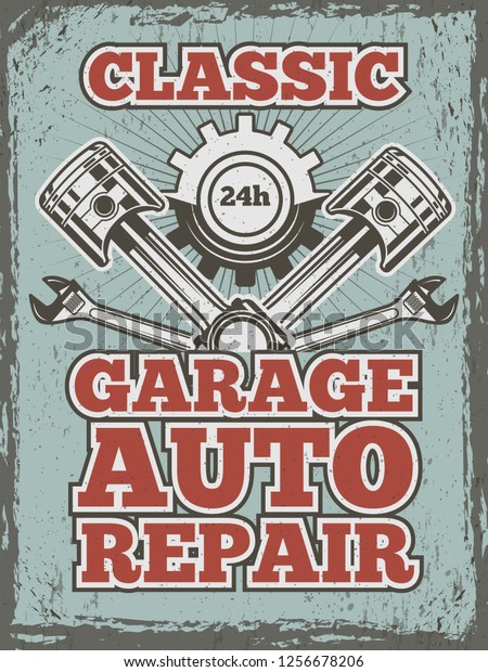 Retro poster of automobile theme with\
illustrations of different mechanic tools and\
details