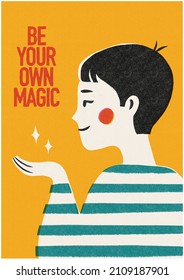 Retro Poster Design. A Woman Holding Magic In Her Hand. Vintage Matchbox Art. Riso Design. Pixie Hair Cut.