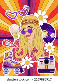 Retro Poster In Disco Style 60s-70s, Fashion Girl Image On Rainbow Background, Hippie Vintage Style, Psychedelic, Summer Groovy Mood. Trendy Retro Style.