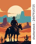 Retro poster themed image featuring a Cowboy and his Horse with a dramatic Wild West landscape at sunset.