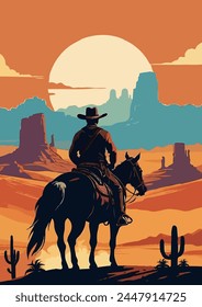 Retro poster themed image featuring a Cowboy and his Horse with a dramatic Wild West landscape at sunset.