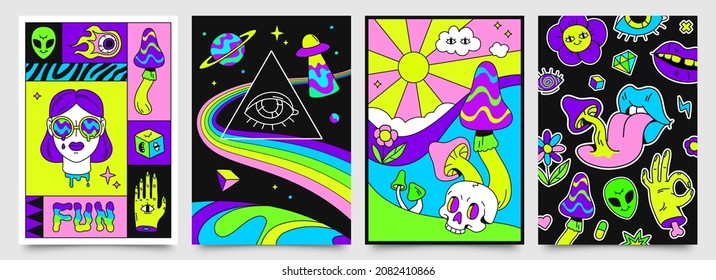 Retro psychedelic hippie posters with space, mushrooms and rainbows. 70s abstract covers with skull, floating eyes, crazy lips set. Bright ufo spacecraft and alien flying in universe