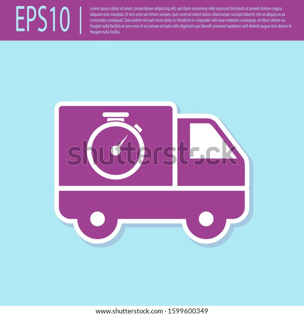 Retro purple\
Logistics delivery truck and stopwatch icon isolated on turquoise\
background. Delivery time icon. \
