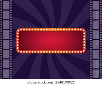 Retro red billboard or blank shining signboard with glowing yellow neon light bulbs isolated on white dark purple background with film strips.  Space for text. - Powered by Shutterstock