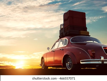 Retro red car with luggage on roof rack at sunset. Travel, vacation concepts. 3D illustration