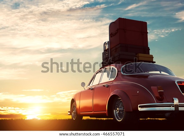 Retro red car with luggage on\
roof rack at sunset. Travel, vacation concepts. 3D\
illustration