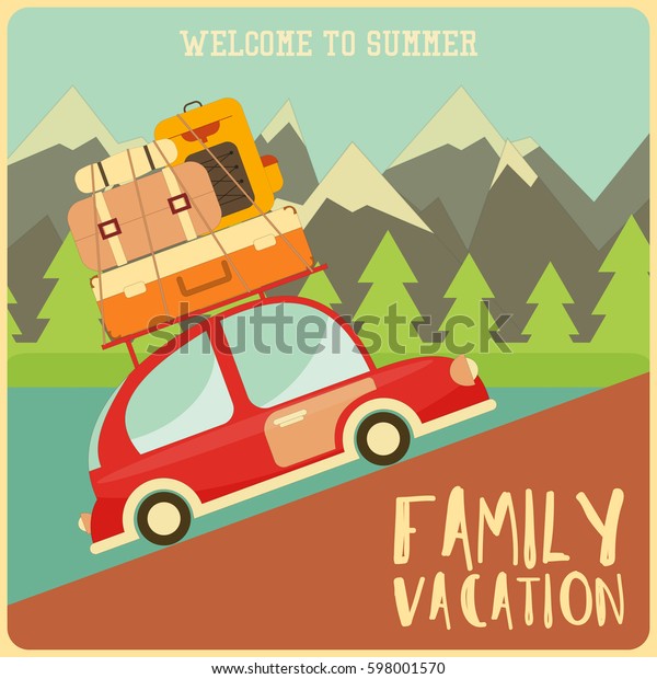 Retro Red Car with Luggage on Roof. Travel\
Car. Mountain Landscape.\
Illustration.