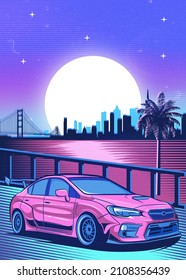 A Retro Red Car Synthwave Poster With Vaporwave Sunset, Neon Gradient Background