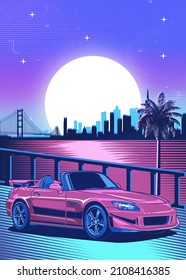 A Retro Red Car Synthwave Poster With Vaporwave Sunset, Neon Gradient Background