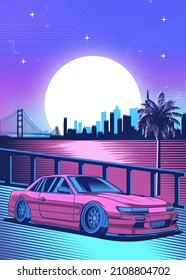 A Retro Red Car Synthwave Poster With Vaporwave Sunset, Neon Gradient Background