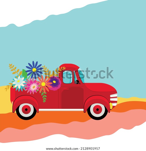 Retro red farmer pickup truck with colorful\
flowers, greeting card\
design.