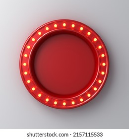 Retro Red Round Sign Neon Billboard With Yellow Light Bulbs Isolated On White Wall Background With Shadow 3D Rendering