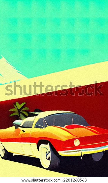 Retro red sport car riding on the road and
mountains landscape on background. Mountain road and vintage car
retro style flat illustration in minimalist style. Old american
artwork style. Poster
print