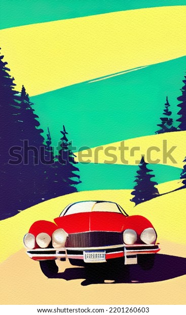 Retro red sport car riding on the road and
mountains landscape on background. Mountain road and vintage car
retro style flat illustration in minimalist style. Old american
artwork style. Poster
print
