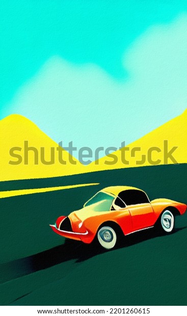 Retro red sport car riding on the road and\
mountains landscape on background. Mountain road and vintage car\
retro style flat illustration in minimalist style. Old american\
artwork style. Poster\
print