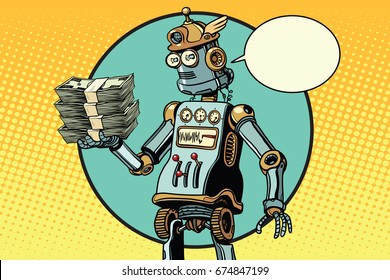 Retro Robot With A Bundle Of Money. In The Pose Of Hamlet. Pop Art Retro  Illustration