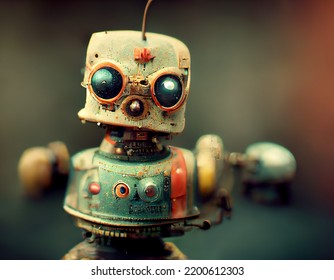 Retro robot character face, future technology background 3d illustration.