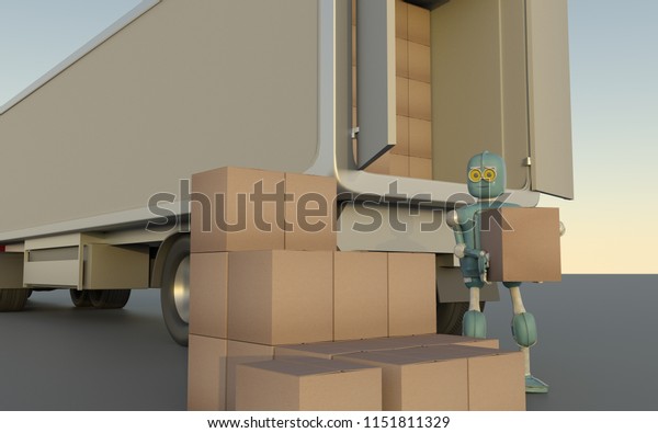 Retro\
Robot with Shipping Boxes load in truck Render\
3d.