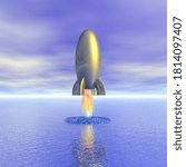 Retro rocket launch from water surface. 3D rendering