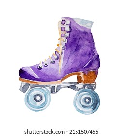 Retro Roller Skates Shoes. Watercolor Vintage Skate Boots Clipart. Retro Design Fot T-shirt,poster,print,branding.