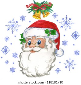 Retro Santa Claus and snow flakes, watercolor