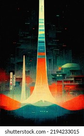 Retro Science Fiction Poster Of An Abstract City And Technology Theme, Digital Anime Style Illustration