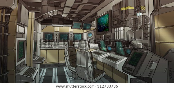 Retro Scifi Control Room Industrial Facility Stock