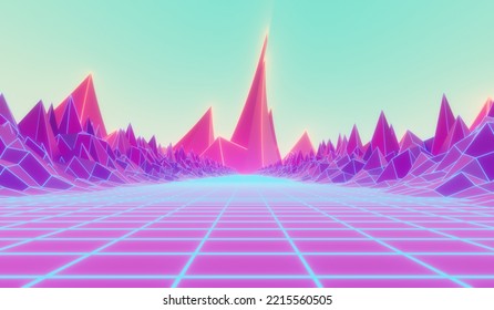 Retro Sci-fi Wireframe Landscape. 3D Rendering.