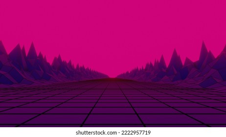 Retro Sci-fi Wireframe Landscape. 3D Rendering.