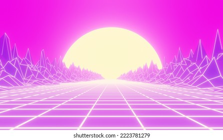 Retro Sci-fi Wireframe Landscape. 3D Rendering.