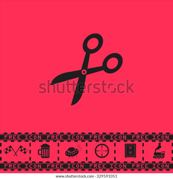 Retro scissors. Black flat illustration\
pictogram and bonus icon - Racing flag, Beer mug, Ufo fly, Sniper\
sight, Safe, Train on pink\
background