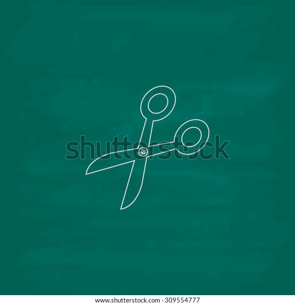 Retro scissors. Outline icon.\
Imitation draw with white chalk on green chalkboard. Flat Pictogram\
and School board background. Illustration\
symbol