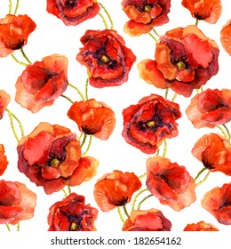 Retro seamless floral pattern with vintage aquarell red flower poppy. Aquarelle art - hand painted drawing