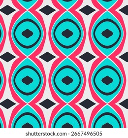 Retro seamless pattern featuring bold geometric oval and diamond motifs. A vibrant, abstract design in pink, cyan, and black for modern decorative projects.