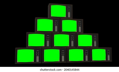 Retro Set Green Old Tv Screen Vintage Receiver Mockup 3d Render