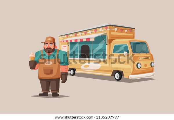 Retro\
street food van. Funny seller character. Vintage food and drink\
truck. Cartoon illustration. For web and\
print