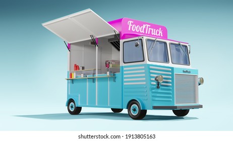 Retro Style 3D Food Truck Illustration Isolated On Blue Background